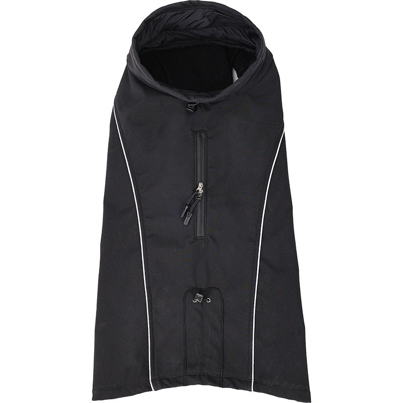 Black soft shell dog jacket, flat view