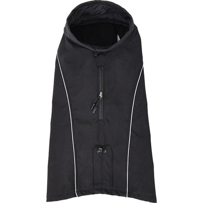 Black soft shell dog jacket, flat view