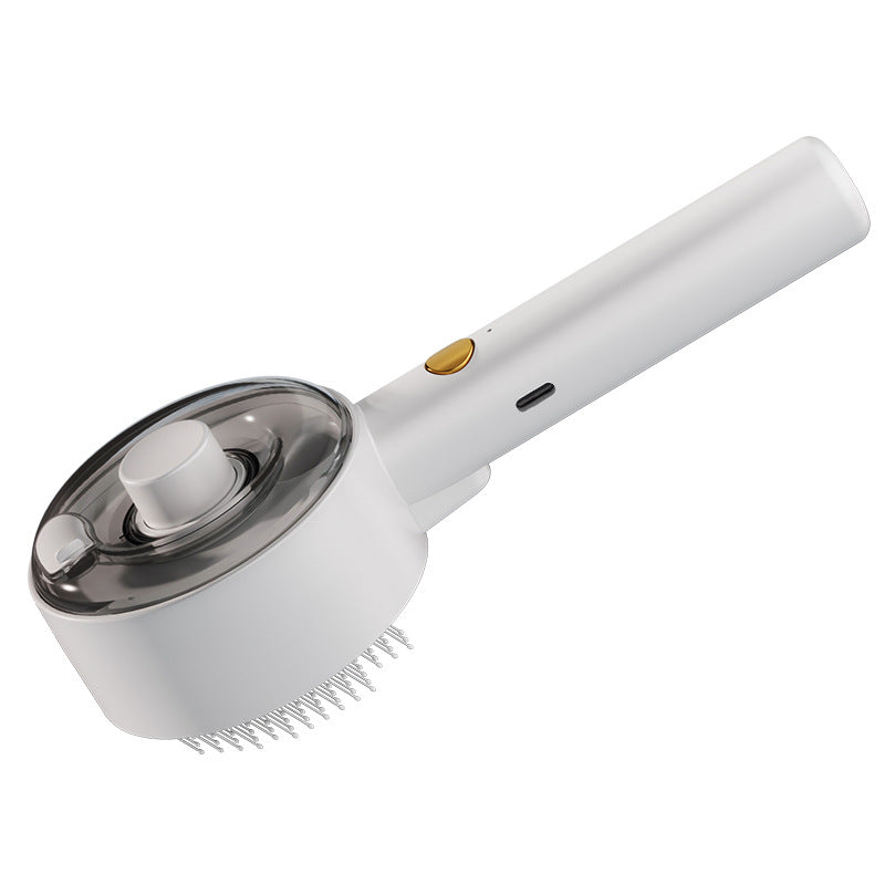 Rechargeable mist grooming brush, side view with mist tank and USB-C port