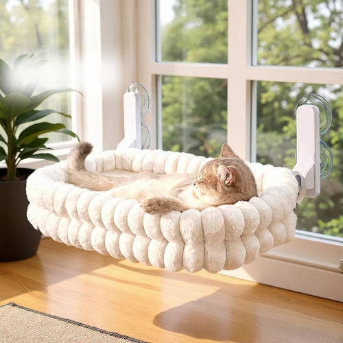 Fleecy plush window cat bed in cream