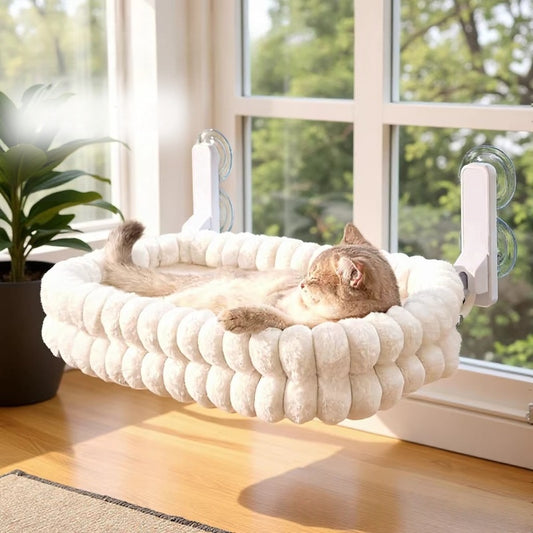 Fleecy plush window cat bed in cream