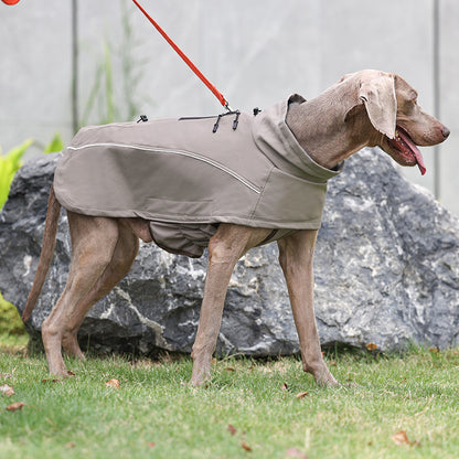 Taupe soft shell dog jacket on a dog