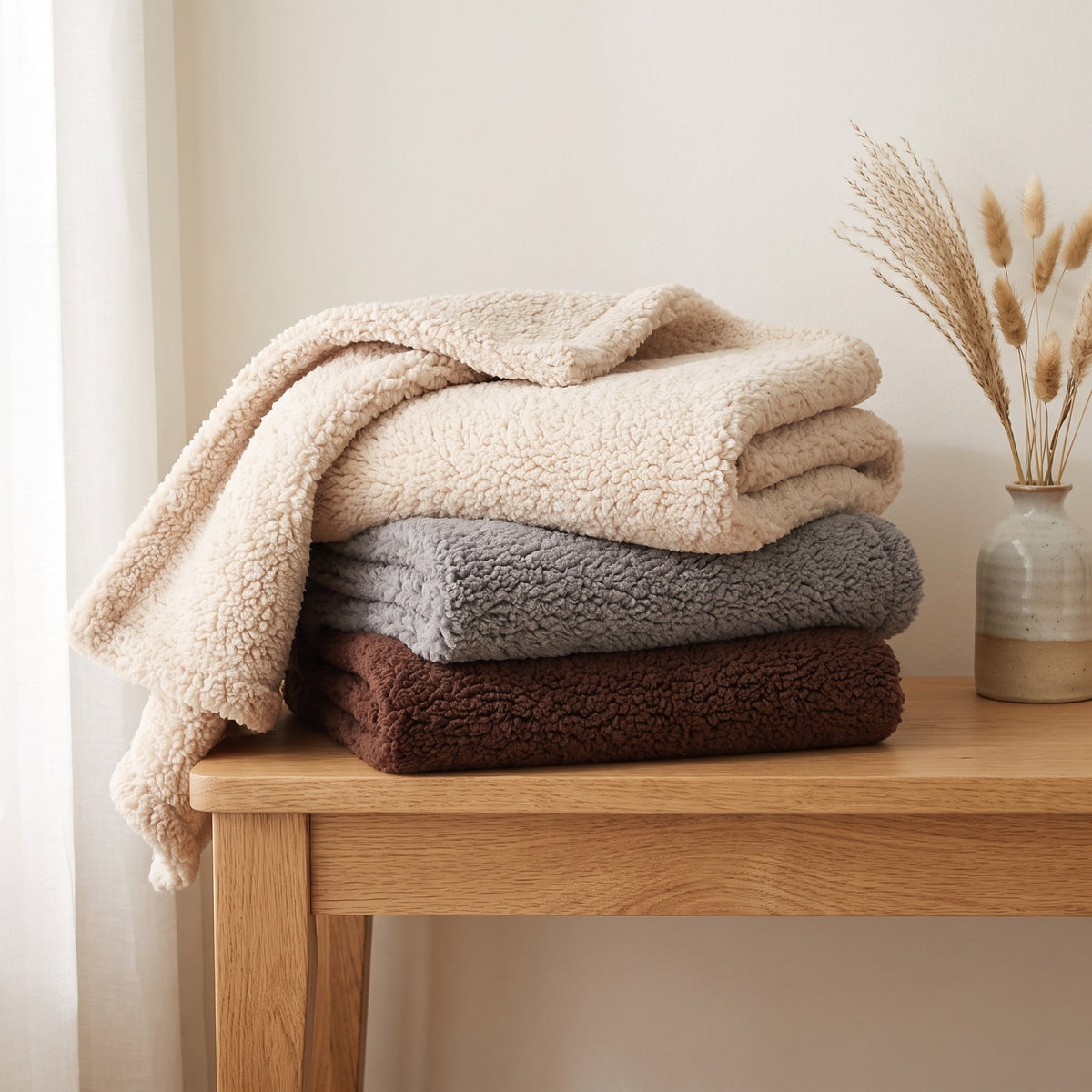 Folded sherpa fleece pet blankets in cream, gray and chocolate