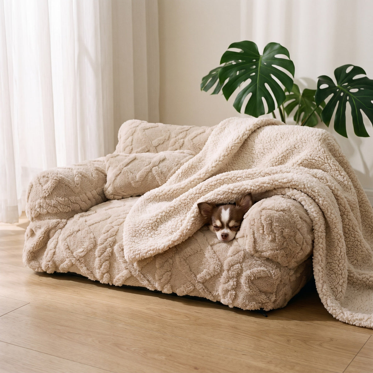 Sherpa fleece blanket paired with the plush sofa pet bed