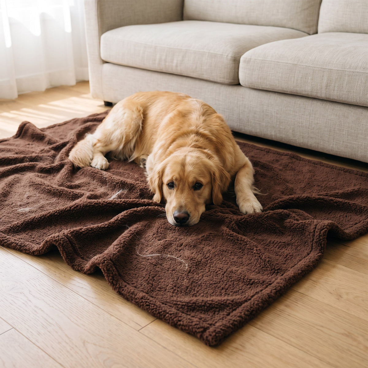 Golden retriever resting on a large sherpa fleece blanket