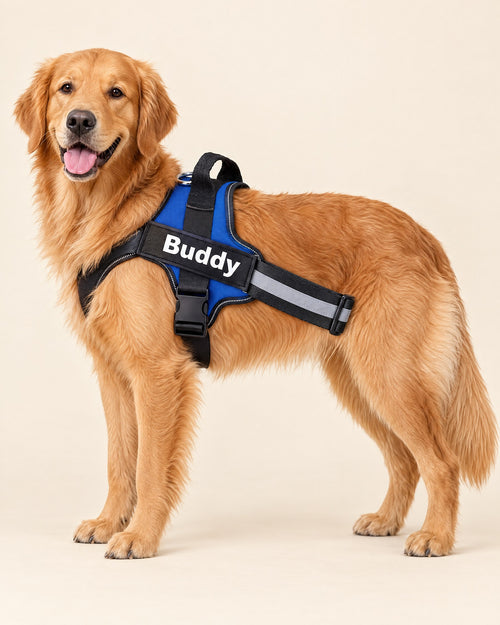 Golden retriever wearing the Fleecy personalized no-pull harness in blue with the name Buddy on the patch