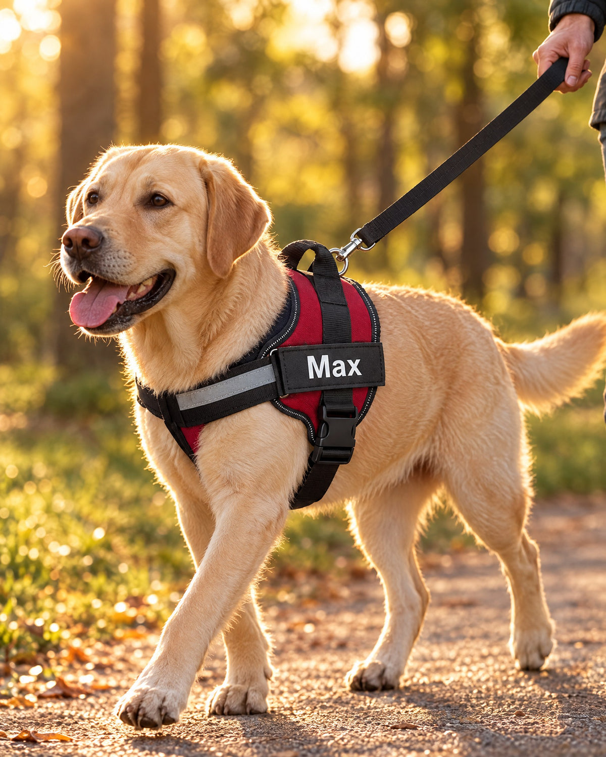 Labrador on a golden hour walk wearing the Fleecy no-pull harness in red with the name Max on the patch