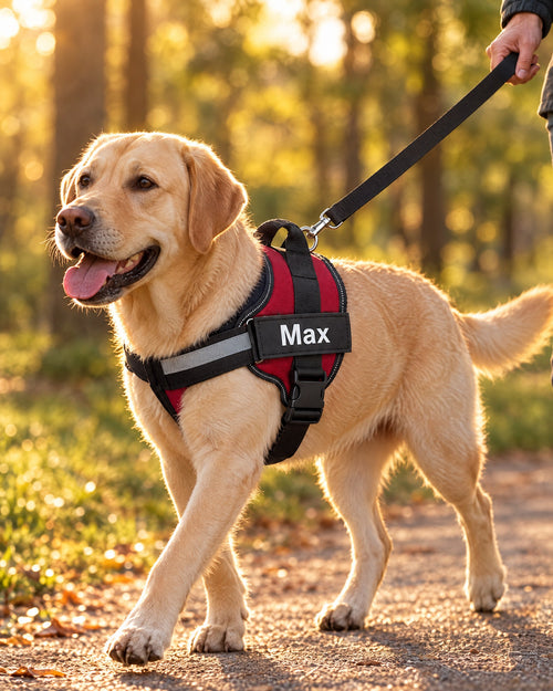 Labrador on a golden hour walk wearing the Fleecy no-pull harness in red with the name Max on the patch