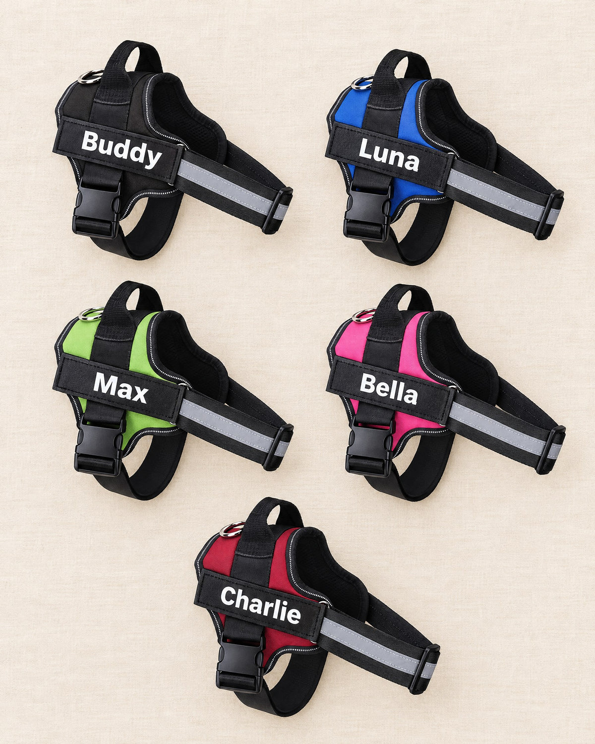 The Fleecy personalized no-pull harness in all five colors: black, blue, green, pink and red