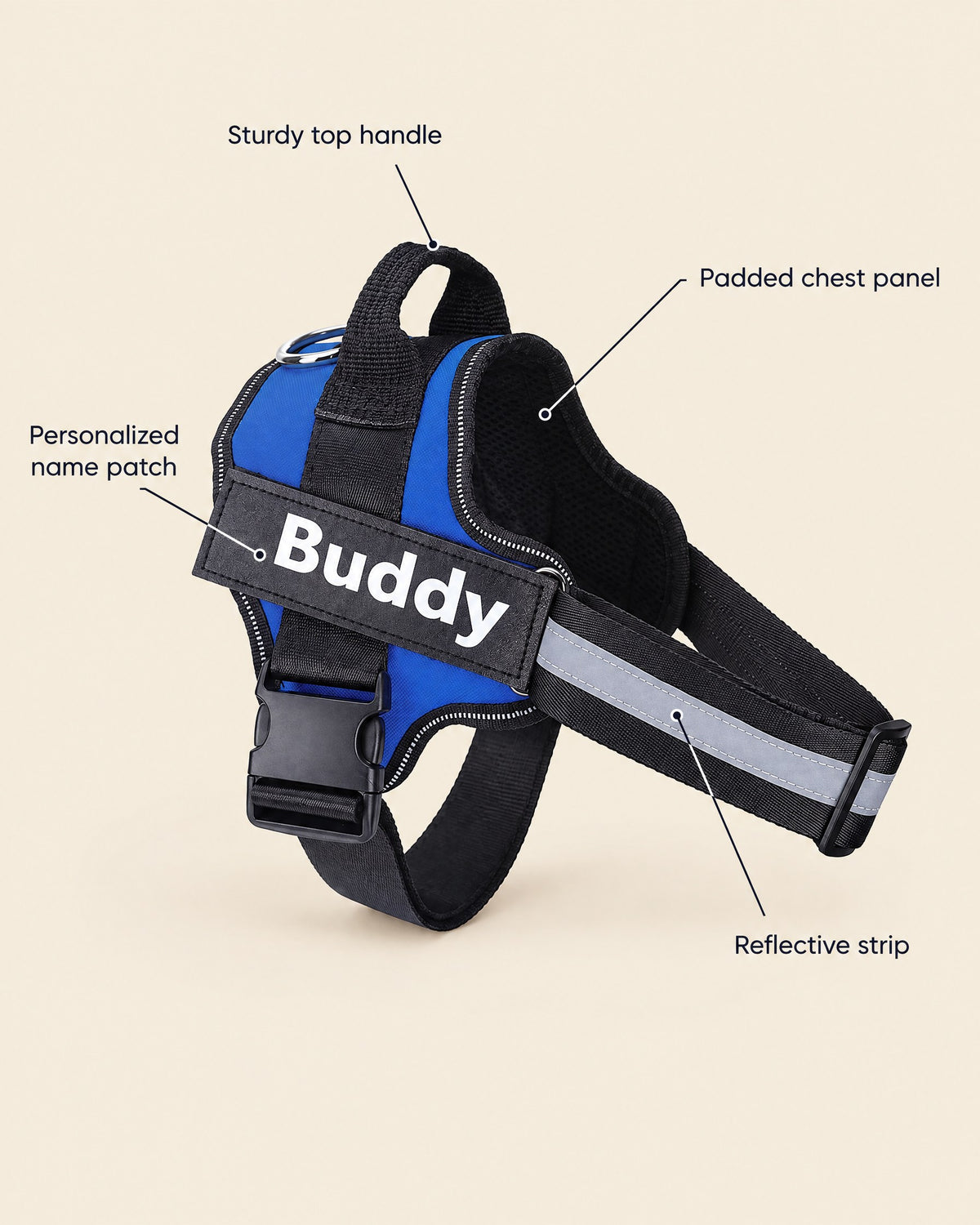 Fleecy harness features: sturdy top handle, padded chest panel, reflective strip and personalized name patch