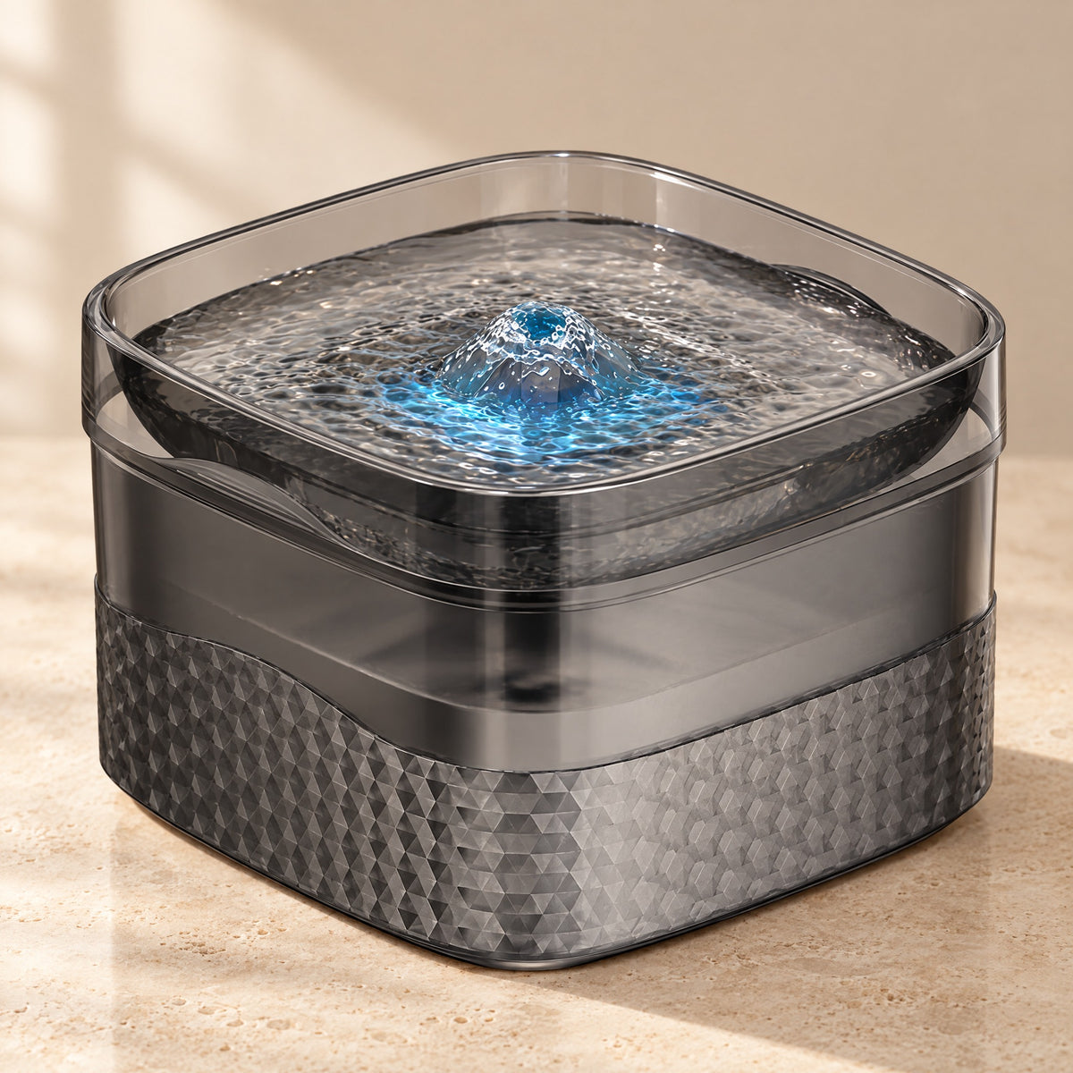 Smoked gray smart sensor pet water fountain with a glowing blue water dome