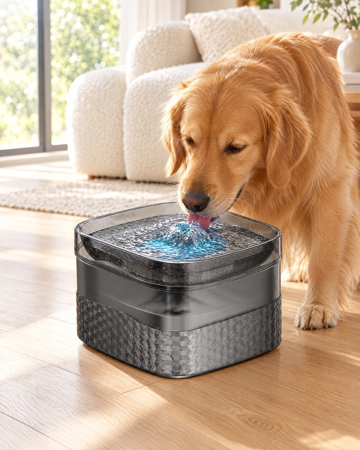 Golden retriever drinking from the smart sensor water fountain in a bright living room