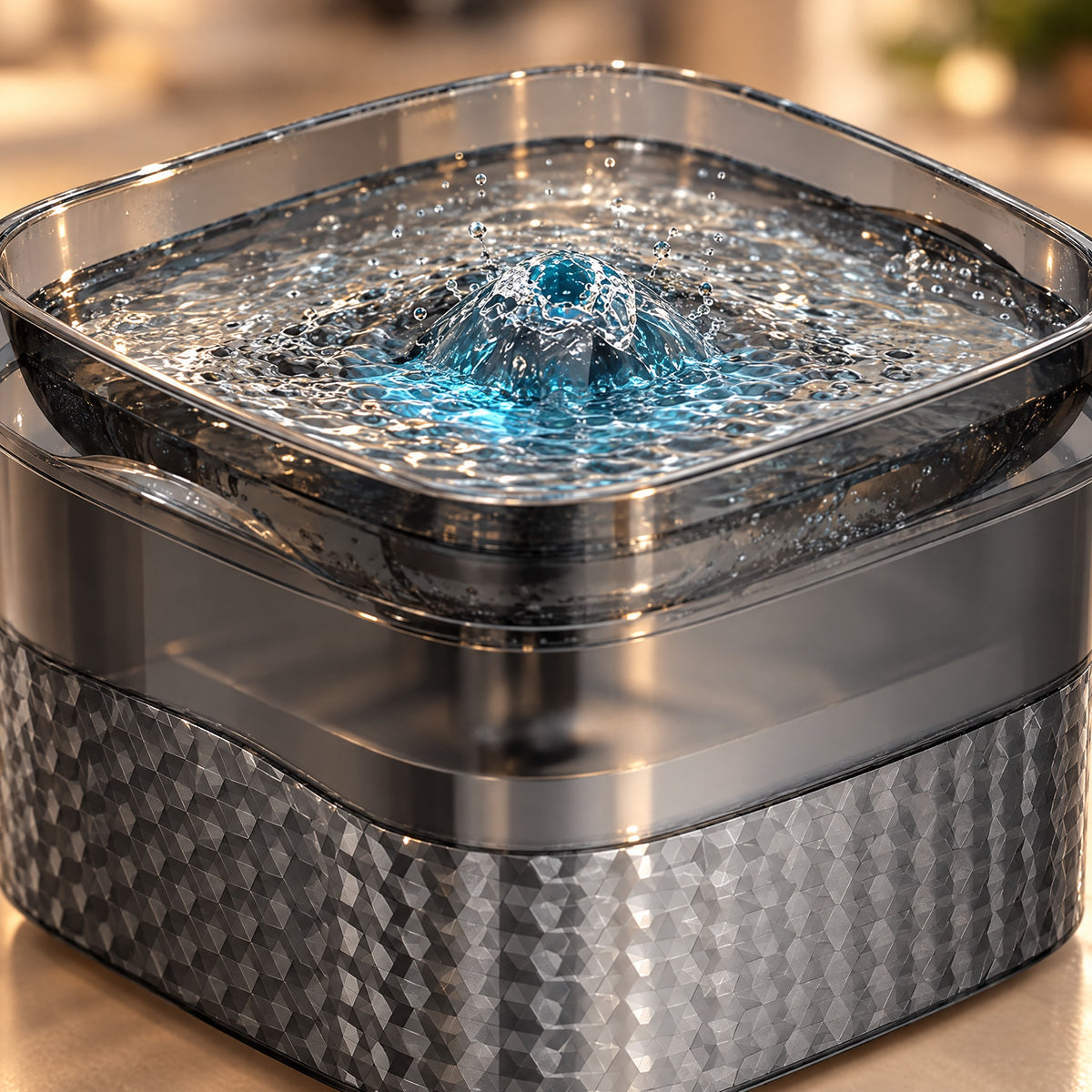 Close-up of the hexagon-textured base and glowing water dome of the smart pet fountain