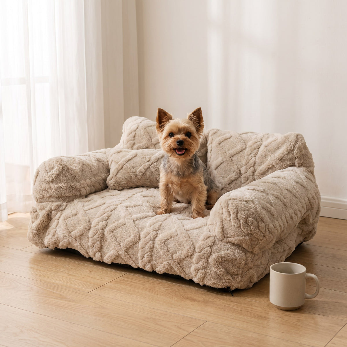 Small dog on the plush sofa pet bed