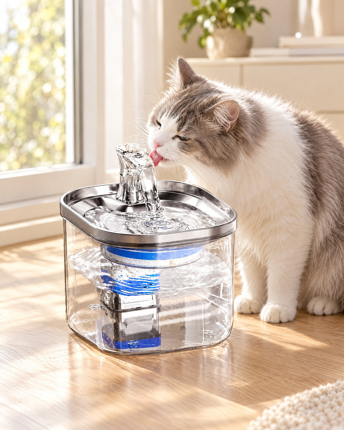 Cat drinking from the stainless steel pet water fountain in a sunny kitchen