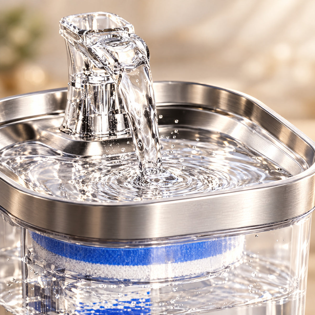 Close-up of the brushed stainless steel tray and spout with flowing water
