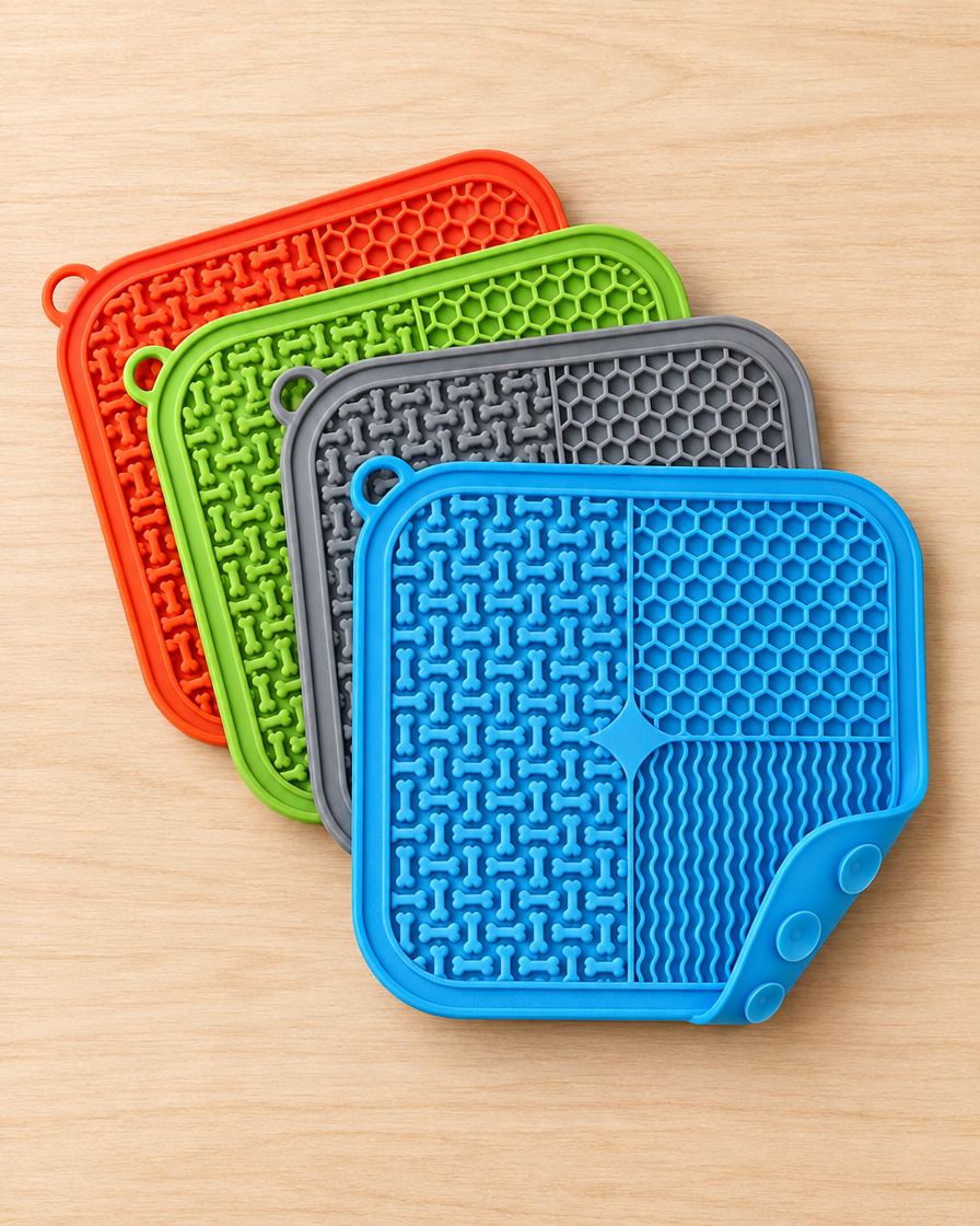 Fleecy Calming Licking Mat in four colors, flat lay