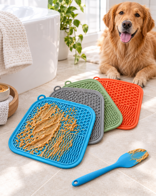 Fleecy Calming Licking Mat with peanut butter spread across the ridges