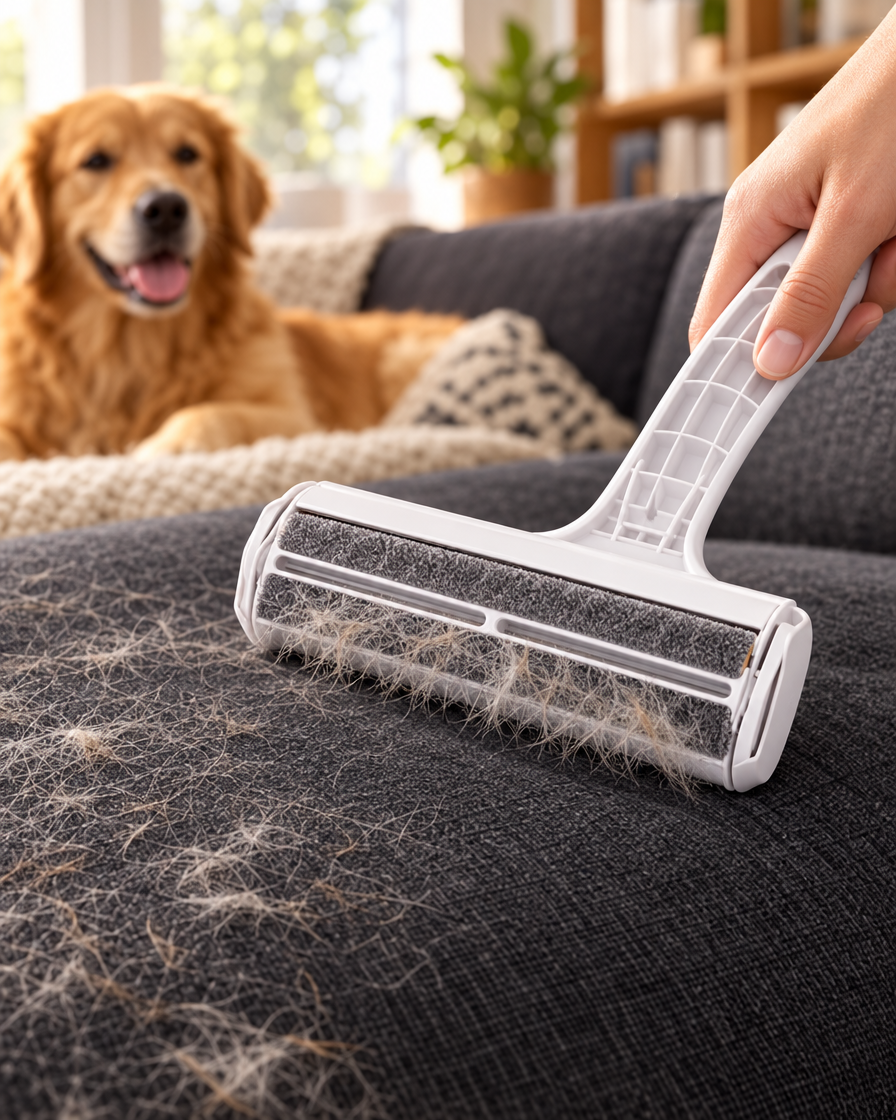 Fleecy Reusable Fur & Lint Roller lifting dog fur off a sofa cushion