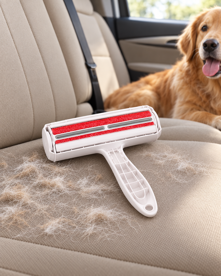 Fleecy Fur & Lint Roller on a car back seat